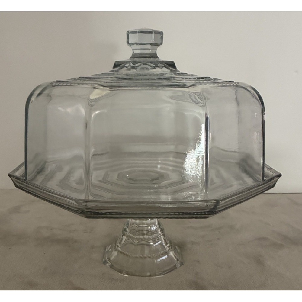 Vintage Cambridge Tuscany Cake Plate Octagon Dome Clear Glass Italy 10in Stand